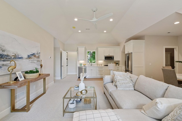 2462 Lafayette Rd, Minnetonka Beach, MN 55391 - living area with ceiling fan, light carpet, recessed lighting, and vaulted ceiling