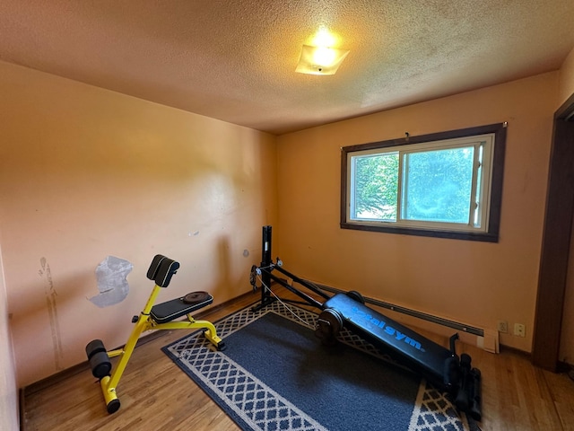 402 Grouse St, Sandstone, MN 55072 - exercise room featuring wood finished floors, a textured ceiling, and a baseboard radiator