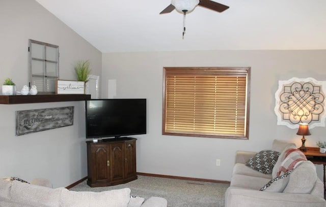 2007 Pratt Cir, Saint Peter, MN 56082 - living room with light carpet, a ceiling fan, and vaulted ceiling