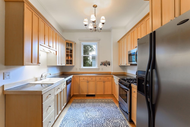 1520 Elliot Ave Unit 4, Minneapolis, MN 55404 - kitchen featuring appliances with stainless steel finishes, a chandelier, crown molding, glass insert cabinets, and light brown cabinets
