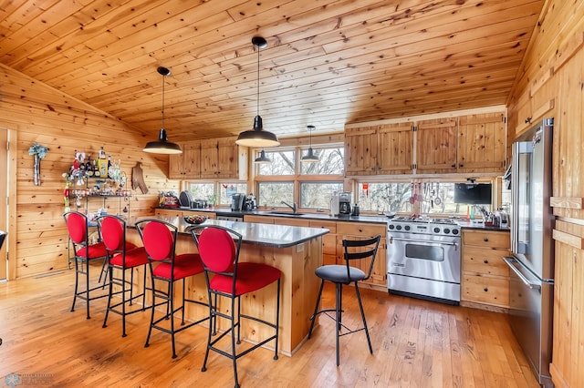 12104 County Highway 17, Lake View Twp, MN 56501 - kitchen featuring premium appliances, dark countertops, wooden ceiling, light wood finished floors, and lofted ceiling