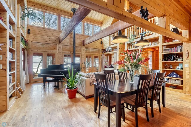 12104 County Highway 17, Lake View Twp, MN 56501 - dining area with high vaulted ceiling, hardwood / wood-style floors, wooden walls, and a wooden ceiling with exposed beams