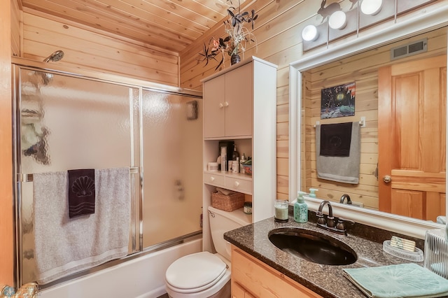 12104 County Highway 17, Lake View Twp, MN 56501 - full bath with vanity, wood ceiling, wooden walls, and shower / bath combination with glass door