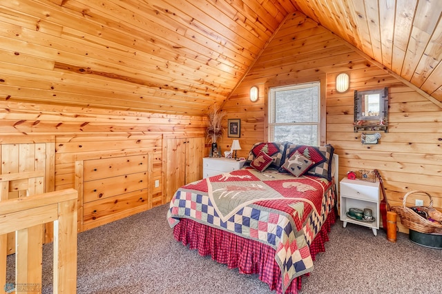 12104 County Highway 17, Lake View Twp, MN 56501 - bedroom with lofted ceiling, carpet flooring, wood ceiling, and wooden walls