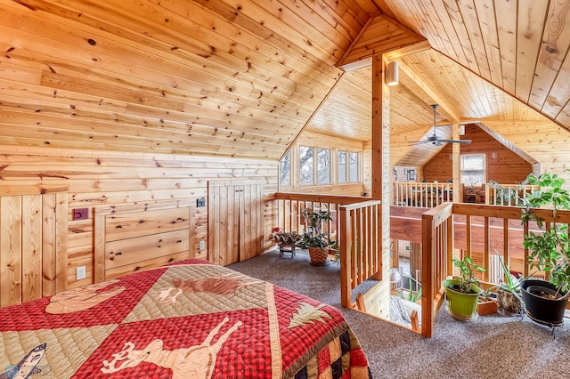12104 County Highway 17, Lake View Twp, MN 56501 - carpeted bedroom with wooden walls, wood ceiling, and lofted ceiling