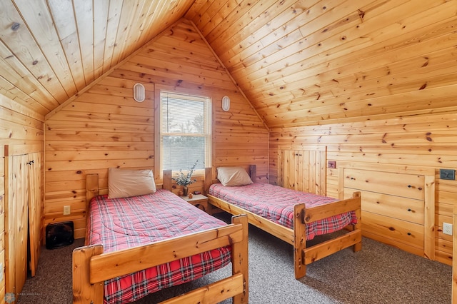 12104 County Highway 17, Lake View Twp, MN 56501 - bedroom featuring lofted ceiling, wood walls, carpet, and wooden ceiling