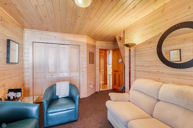 12104 County Highway 17, Lake View Twp, MN 56501 - carpeted living area featuring wood walls and wooden ceiling