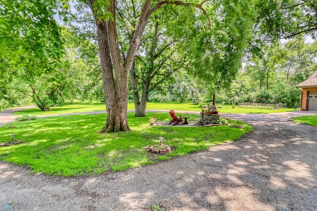 12104 County Highway 17, Lake View Twp, MN 56501 - view of green lawn featuring a garage, driveway, and view of scattered trees