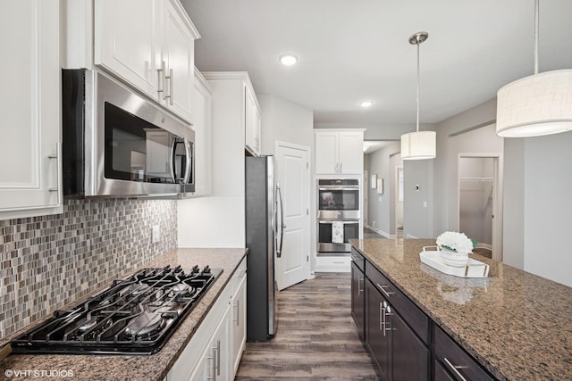 15742 Everglade Ave, Apple Valley, MN 55124 - kitchen with stainless steel appliances, dark wood-style flooring, white cabinetry, light stone counters, and recessed lighting