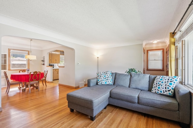 3355 Central Ave NE, Minneapolis, MN 55418 - living room with arched walkways, light wood-style flooring, and a textured ceiling