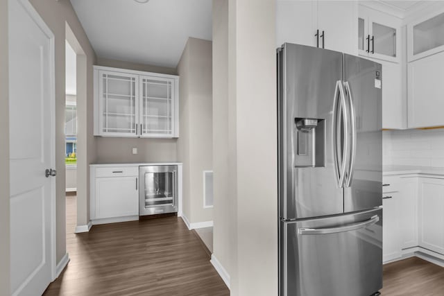 5370 Fountain Ln N, Plymouth, MN 55446 - kitchen featuring stainless steel fridge, beverage cooler, white cabinetry, and dark wood-style floors