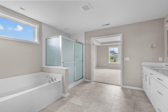 5370 Fountain Ln N, Plymouth, MN 55446 - bathroom featuring vanity, a garden tub, a shower stall, and plenty of natural light