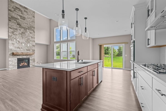 5390 Everest Ln N, Plymouth, MN 55446 - kitchen with stainless steel appliances, light wood finished floors, light countertops, under cabinet range hood, and open floor plan