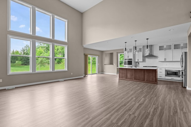 5390 Everest Ln N, Plymouth, MN 55446 - unfurnished living room with dark wood-style floors, healthy amount of natural light, and a high ceiling