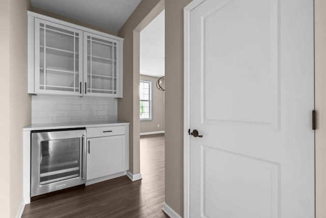5390 Everest Ln N, Plymouth, MN 55446 - bar area with wine cooler, decorative backsplash, and dark wood-style floors