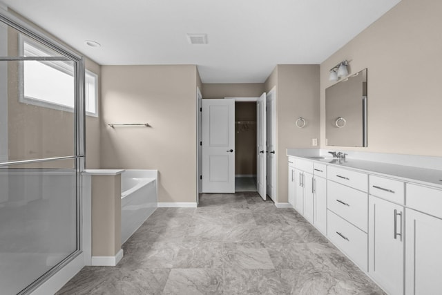 5390 Everest Ln N, Plymouth, MN 55446 - bathroom featuring vanity, a garden tub, a stall shower, and a spacious closet