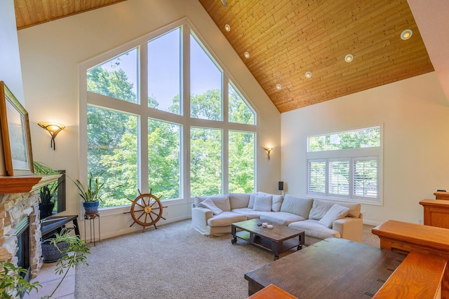 5108 Drummond Rd, Mound, MN 55364 - carpeted living area with high vaulted ceiling and wood ceiling