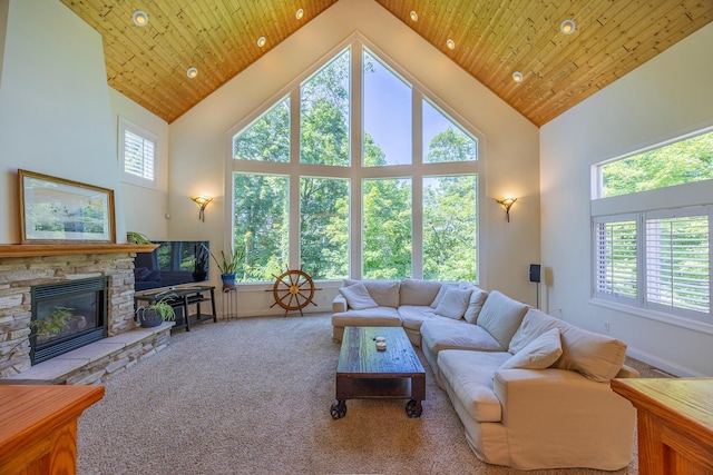 5108 Drummond Rd, Mound, MN 55364 - carpeted living area featuring high vaulted ceiling, healthy amount of natural light, a fireplace, and recessed lighting