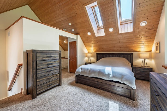 5108 Drummond Rd, Mound, MN 55364 - bedroom featuring lofted ceiling, carpet, wooden ceiling, and a skylight