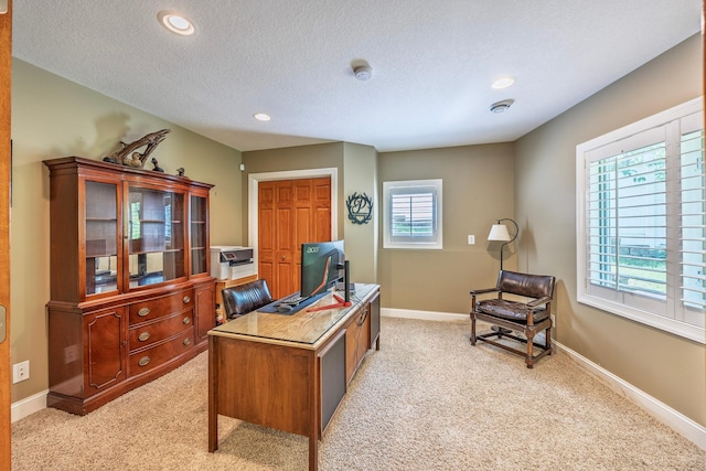 5108 Drummond Rd, Mound, MN 55364 - home office featuring light carpet, recessed lighting, and a textured ceiling