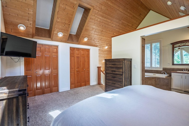 5108 Drummond Rd, Mound, MN 55364 - bedroom featuring carpet flooring, high vaulted ceiling, two closets, and wood ceiling