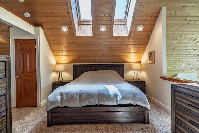 5108 Drummond Rd, Mound, MN 55364 - carpeted bedroom with lofted ceiling, a skylight, and wooden ceiling