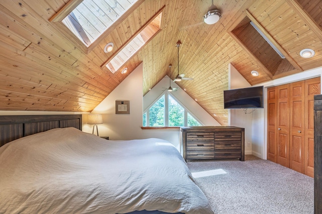 5108 Drummond Rd, Mound, MN 55364 - carpeted bedroom with lofted ceiling, wooden ceiling, and a skylight