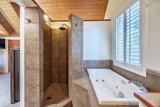 5108 Drummond Rd, Mound, MN 55364 - bathroom featuring wood ceiling, plenty of natural light, a tile shower, and a whirlpool tub