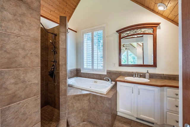 5108 Drummond Rd, Mound, MN 55364 - full bath with vaulted ceiling, wood ceiling, a whirlpool tub, vanity, and tiled shower