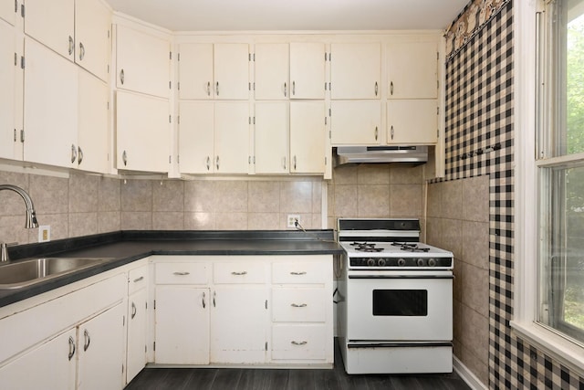 129 Morton St E, Saint Paul, MN 55107 - kitchen featuring white gas range oven, under cabinet range hood, dark wood-type flooring, and plenty of natural light
