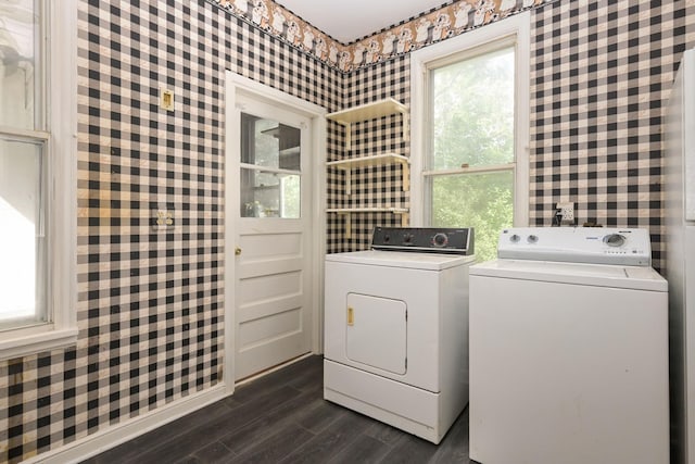 129 Morton St E, Saint Paul, MN 55107 - washroom with washing machine and clothes dryer, dark wood-style floors, and wallpapered walls