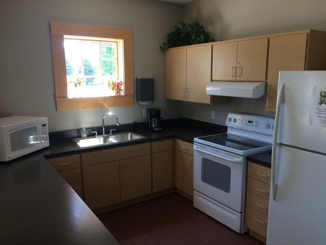 4964 Emmit Dr N Unit 3, Hugo, MN 55038 - kitchen with white appliances, ventilation hood, dark countertops, and cream cabinetry