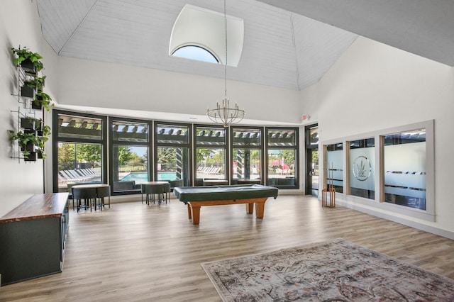 4964 Emmit Dr N Unit 3, Hugo, MN 55038 - rec room featuring high vaulted ceiling, wood finished floors, billiards table, and a chandelier