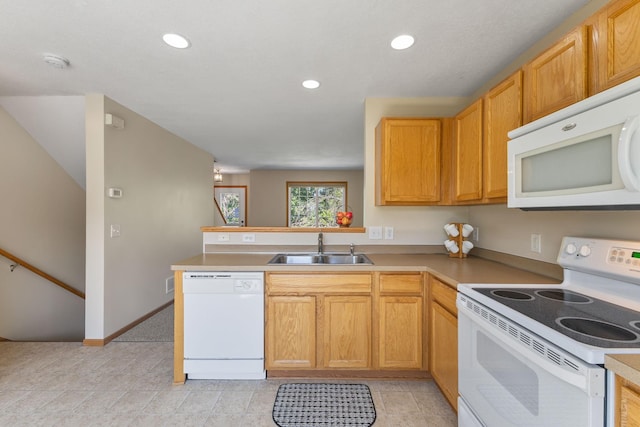 4964 Emmit Dr N Unit 3, Hugo, MN 55038 - kitchen featuring white appliances, a peninsula, recessed lighting, light countertops, and light tile patterned floors