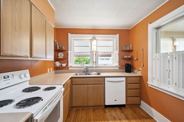 818 7th St S, Stillwater, MN 55082 - kitchen with white appliances, open shelves, light countertops, and light wood-type flooring