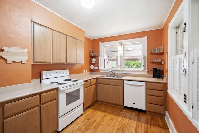 818 7th St S, Stillwater, MN 55082 - kitchen featuring white appliances, open shelves, light wood-style flooring, and light countertops