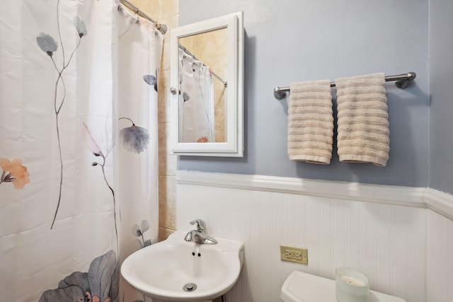 818 7th St S, Stillwater, MN 55082 - bathroom with wainscoting and a shower with shower curtain