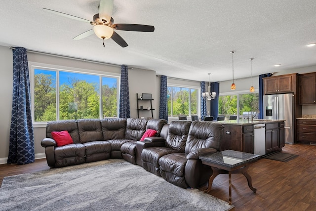 24000 Helium Ct, Forest Lake, MN 55025 - living area featuring dark wood-style floors, a textured ceiling, ceiling fan, and a chandelier