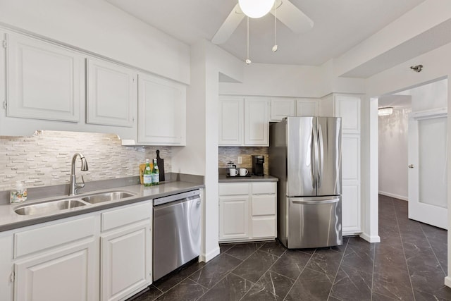 168 6th St E Unit 3004, Saint Paul, MN 55101 - kitchen featuring stainless steel appliances, a ceiling fan, white cabinetry, and dark marble finish floors