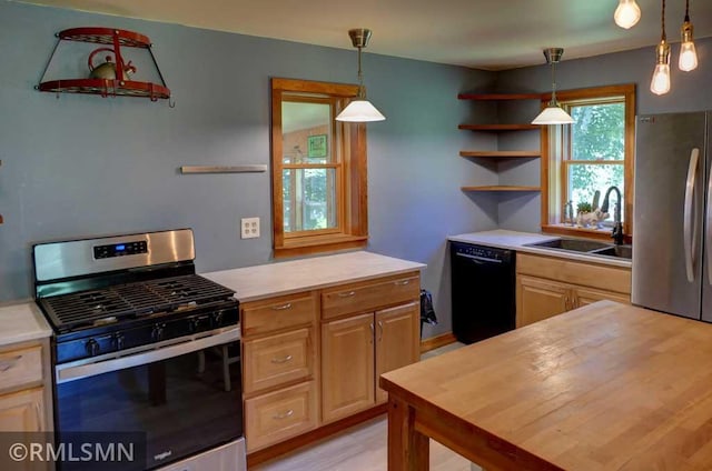 1217 83rd Ave, Lincoln Twp, WI 54001 - kitchen featuring stainless steel appliances, open shelves, butcher block counters, and pendant lighting