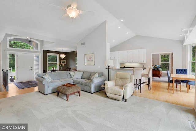 13840 Edenwood Way, Apple Valley, MN 55124 - living area featuring high vaulted ceiling, healthy amount of natural light, light colored carpet, light wood finished floors, and recessed lighting