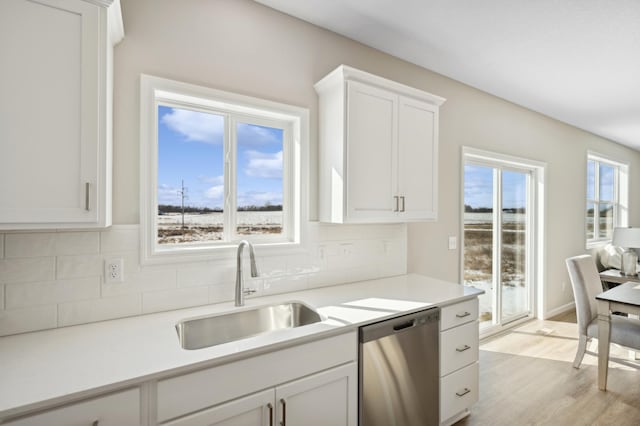 757 Greywood Blvd SW, Delano, MN 55328 - kitchen with stainless steel dishwasher, decorative backsplash, white cabinets, and light wood finished floors
