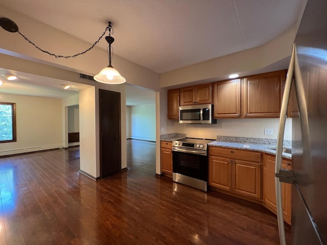 2485 Londin Ln E Unit 418, Maplewood, MN 55119 - kitchen featuring stainless steel appliances, dark wood-style flooring, a baseboard heating unit, hanging light fixtures, and light stone counters