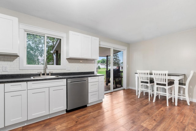 540 4th St E, Wanamingo, MN 55983 - kitchen featuring stainless steel dishwasher, plenty of natural light, tasteful backsplash, and dark countertops