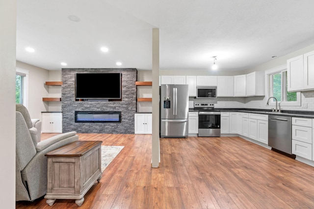 540 4th St E, Wanamingo, MN 55983 - kitchen featuring stainless steel appliances, open floor plan, dark countertops, a stone fireplace, and light wood-style floors
