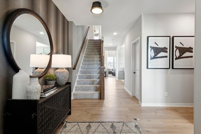 14540 106th Pl N, Maple Grove, MN 55369 - entryway with light wood-style floors, stairs, and recessed lighting