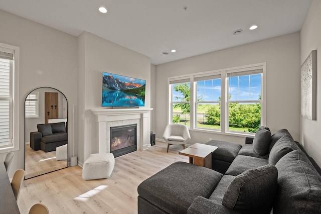 8120 Arrowwood Ln N, Maple Grove, MN 55369 - living room with light wood-type flooring, a glass covered fireplace, and recessed lighting