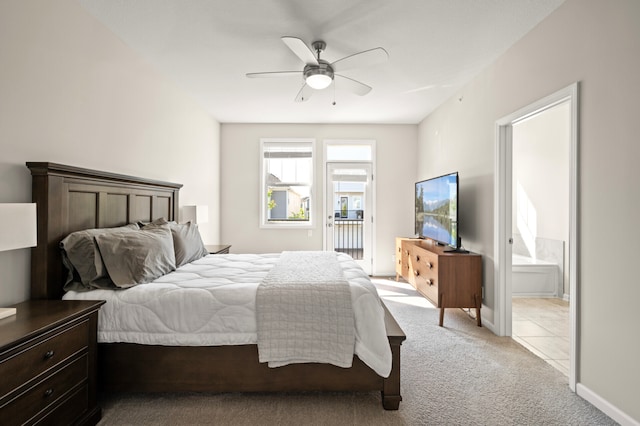 8120 Arrowwood Ln N, Maple Grove, MN 55369 - bedroom featuring light colored carpet, connected bathroom, and a ceiling fan