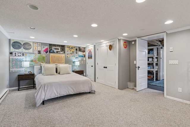 2612 52nd St, Minneapolis, MN 55410 - carpeted bedroom with recessed lighting, crown molding, and a textured ceiling
