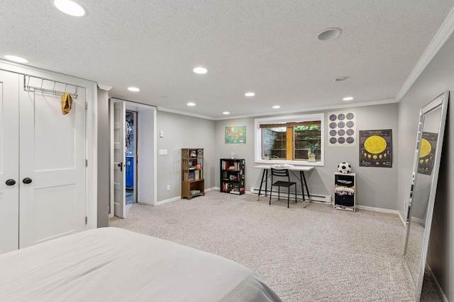 2612 52nd St, Minneapolis, MN 55410 - carpeted bedroom featuring a textured ceiling, crown molding, a baseboard heating unit, and recessed lighting